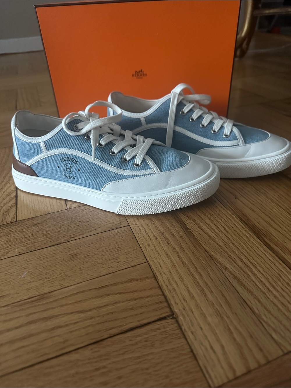 Hermès Light Blue Denim & White Low-Top “Get” Sneakers - size 40